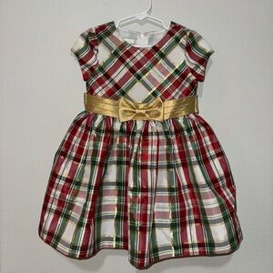 Toddler Plaid Holiday Dress with Gold Bow